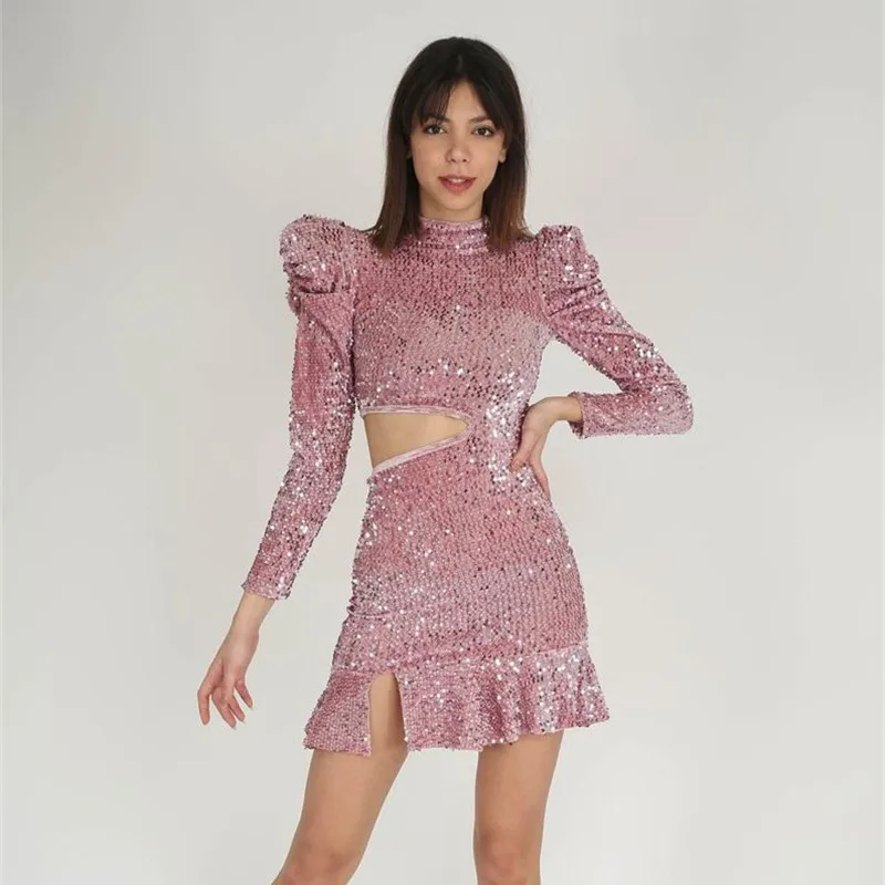 

Bling Short Prom Dress Sequins Long Sleeves Evening Dress Custom Made Mini Above Knee Length Cocktail Party Dress