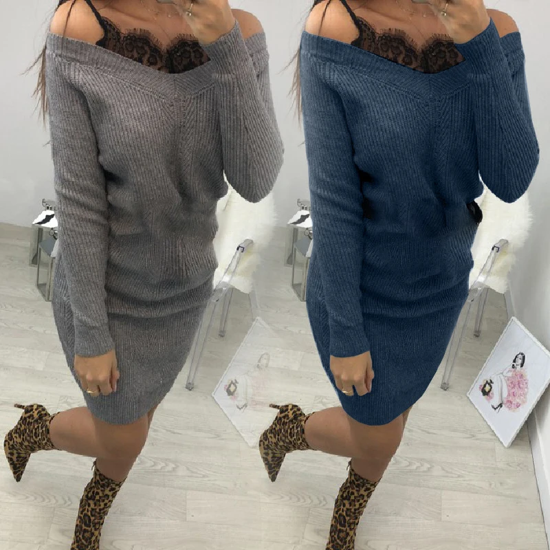 Женское платье свитер однотонное кружевное мини с v образным вырезом и длинным