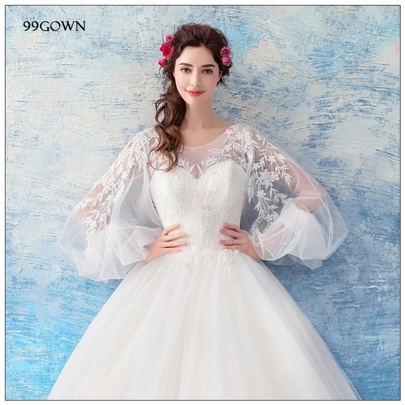 99GOWN, простые свадебные платья для свадебной церемонии, длинный рукав-фонарик, ТРАПЕЦИЕВИДНОЕ свадебное платье из тюля, с кружевами, с открытой спиной, бальное платье