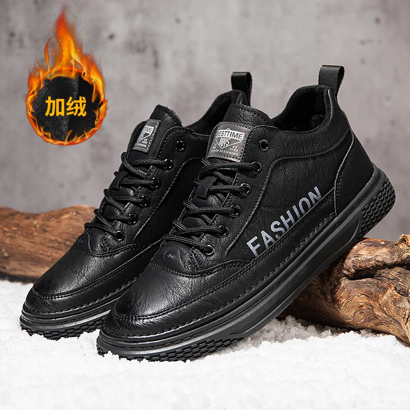 

High Quality Vintage Shoes Men Inside Fur Non-Slip Men Lace Up Sneakers Winter Hard-Wearing Split Leather Men Fashion Sneakers