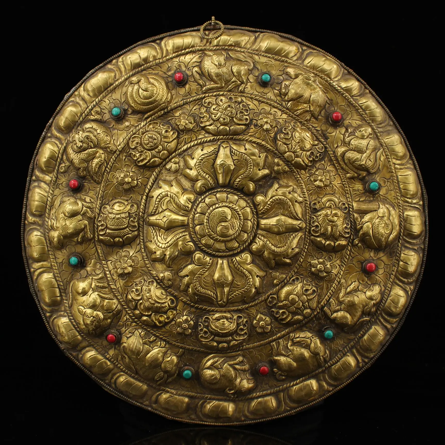 

Коллекция тибетских храмов 15 дюймов, старая бронзовая позолоченная мозаика, драгоценный камень крест дорье, Будда, цветок, танка, мандала, г...
