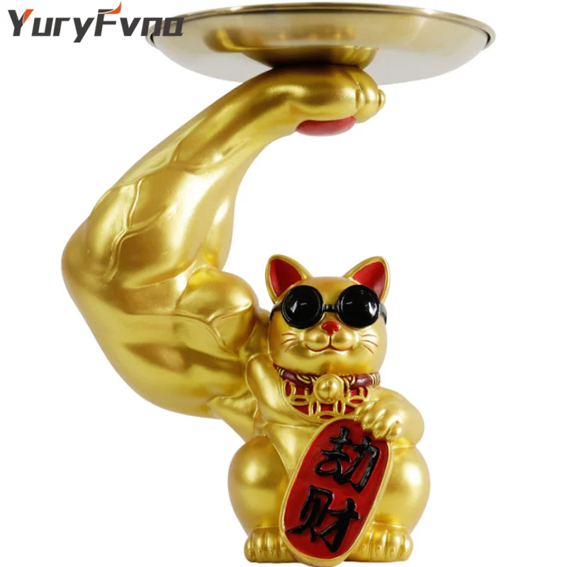 

YuryFvna Lucky декор с кошкой Творческий Коробка для хранения лоток украшения Золотое животное Скульптура для украшения дома и офиса, аксессуары