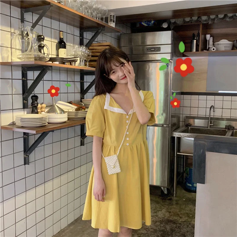 Летние однотонные корейские повседневные свободные Kawaii женское платье