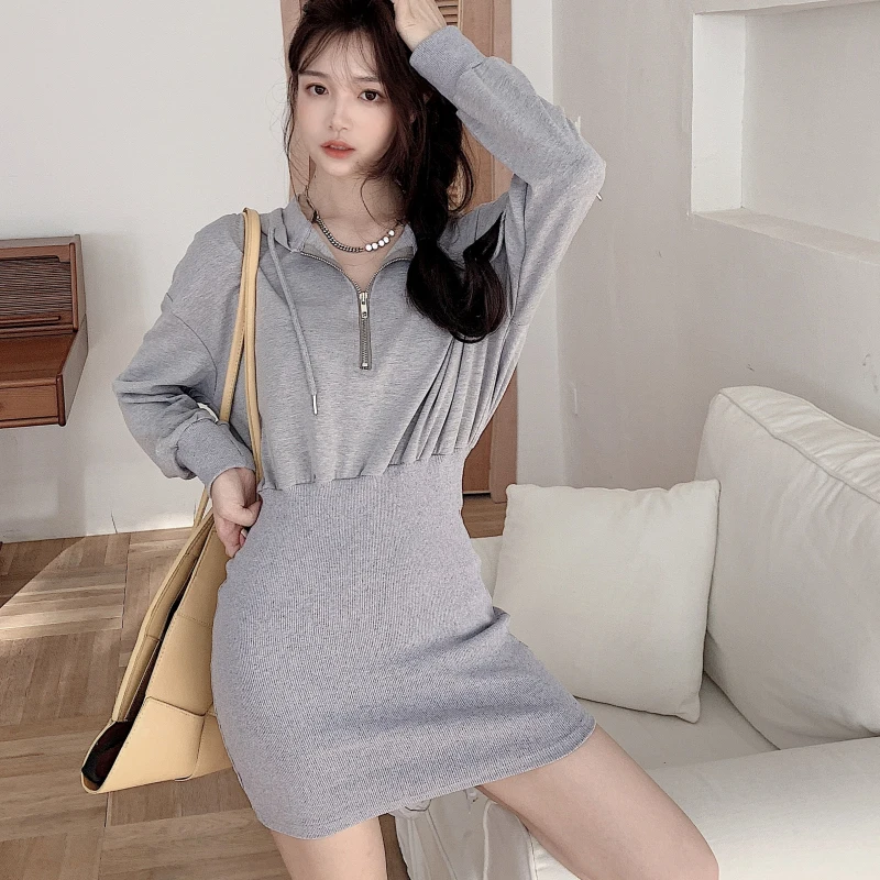 

Женское платье с капюшоном, на молнии, повседневное, серое, хипстерское