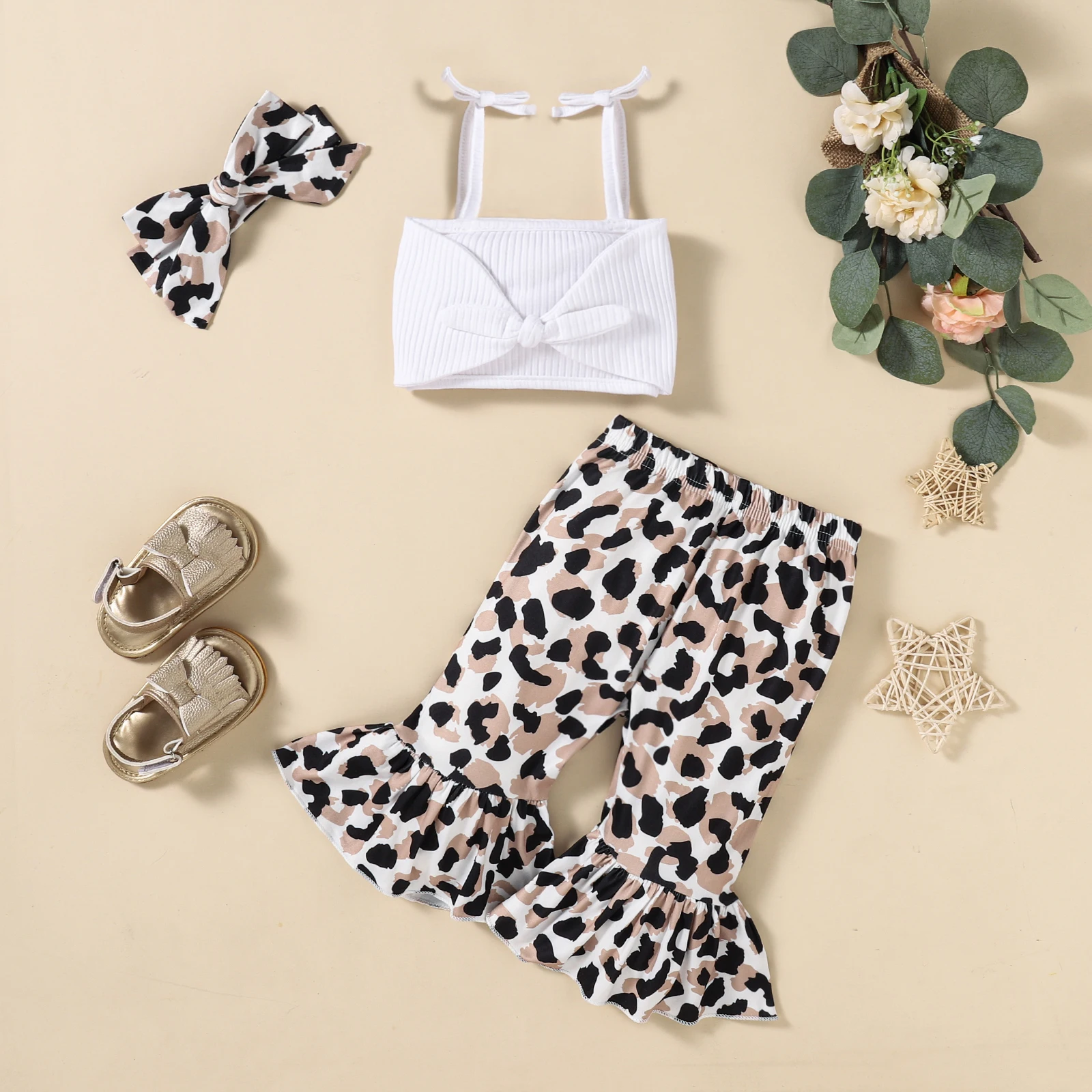 

3-24M Baby Girls Clothes Set Infant Solid Color Cropped Tops Leopard Print Flared Trousers Bow-knot Headband 3pcs Outfits