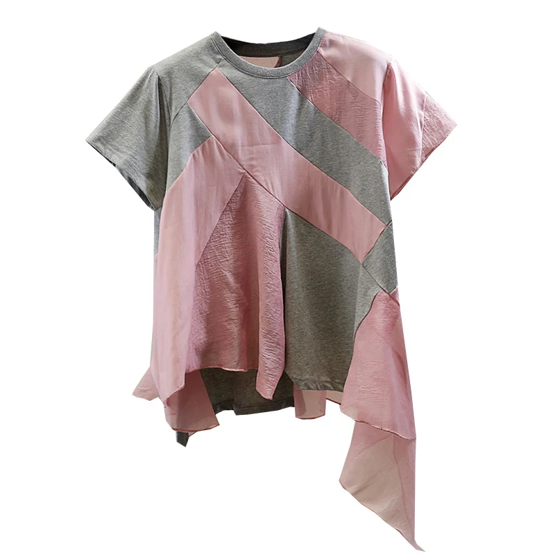 

Chiffon Color Contrast Patchwork Irregular Swing Short-Sleeved Blouse Summer Fashion Simple T-shirt Loose Casual Women's Tops