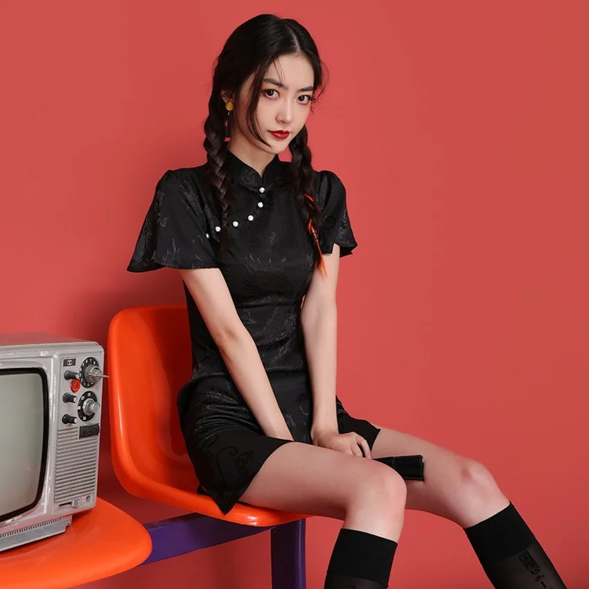 

Women Chinese Traditional Clothes Summer Print Cheongsam Vintage Short Sleeve Qipao Modern Fashion Slit Dress Lady Party Gown