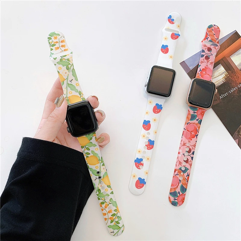 

Lemon Printing Silicone Strap for Apple Watch Band 40mm 44mm 38mm 42mm Fruit Floral Bracelet Belt for IWatch Series 6 5 4 3 2 1