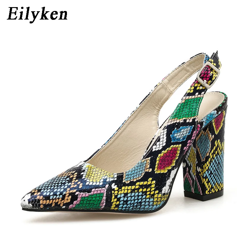 Eilyken/ г., новые модные летние туфли-лодочки с ремешком и пряжкой под змеиную кожу женские босоножки женская обувь для отдыха на высоком каблуке с острым носком