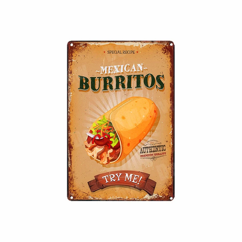 A Веганское меню винтажные металлические жестяные вывески Burritos испанский Chorizo плакат Паб Бар Ресторан украшения американские печенье Настенный декор - Цвет: A