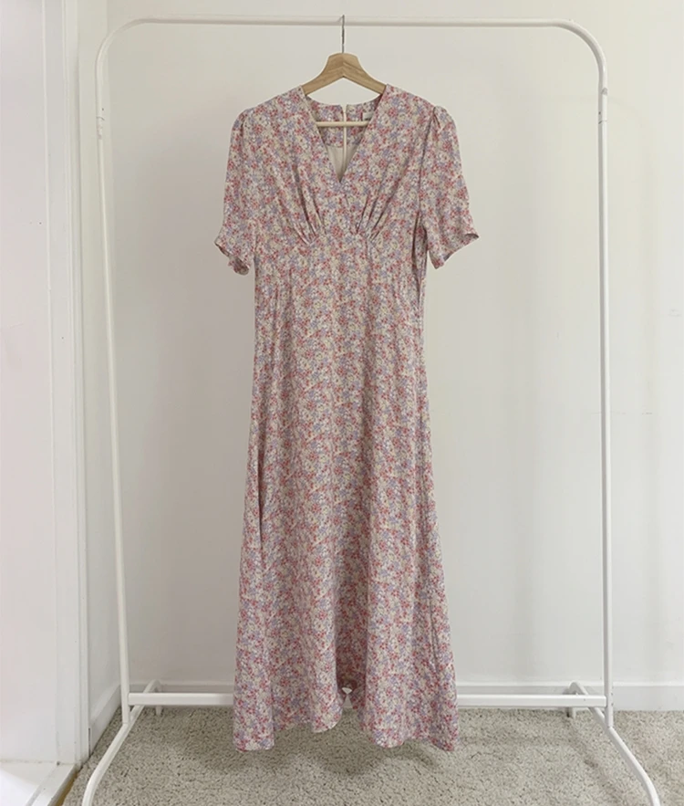 

2020 New Women Summer Dresses Casual Print Floral V-Neck Puff Sleeve High Waist Fashionable Elegant Fold Lady Long Dress