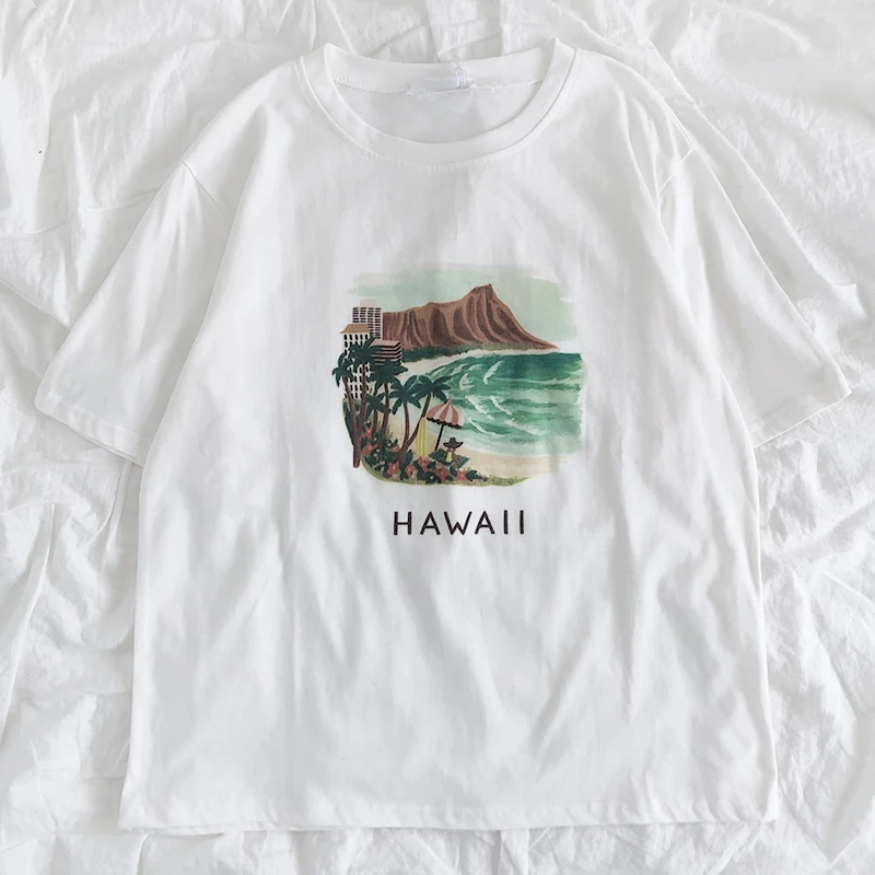 

Sunny Beach Summer Letter Printing Basic Solid Color Round Neck Loose All-match Short Sleeve T-Shirt