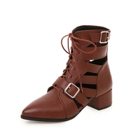 hot sell manufacturer cut out booties lace up cool pointy toe buckle decor autumn shoes chunky medium heels shoes casual street