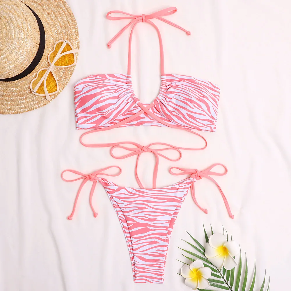 

Sweet Pink Bikini Women's Lace Striped Print Split Swimsuit Hanging Neck Style with Cross Straps Sexy Fresh Swimwear