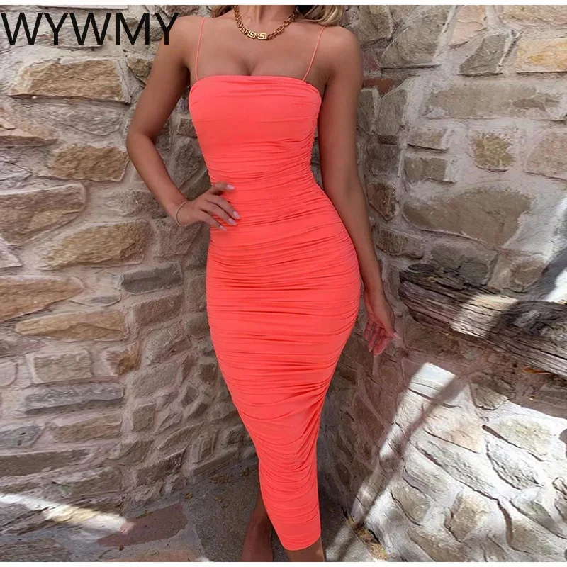 

WYWMY Women Summer Long Midi Dresses Sexy Red Bodycon Spaghetti Strap Dress Elegant Party Club Off Shoulder Ruched Pencil Dress