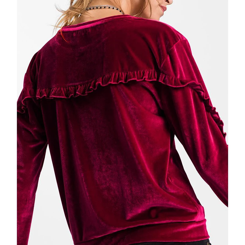 

2021 Women's Gold Velvet Ruffled Round Neck Long-sleeved Casual All-match Autumn and Winter Top