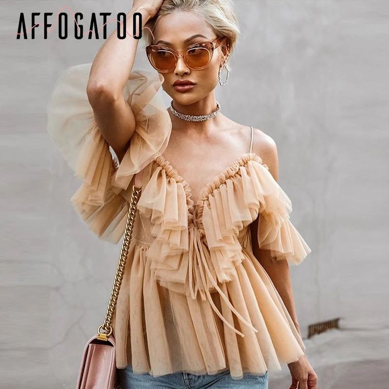 

Affogatoo Sexy v neck off shoulder peplum blouse top Women Pleated vintage ruffle mesh blouse shirt Casual summer sleeveless top