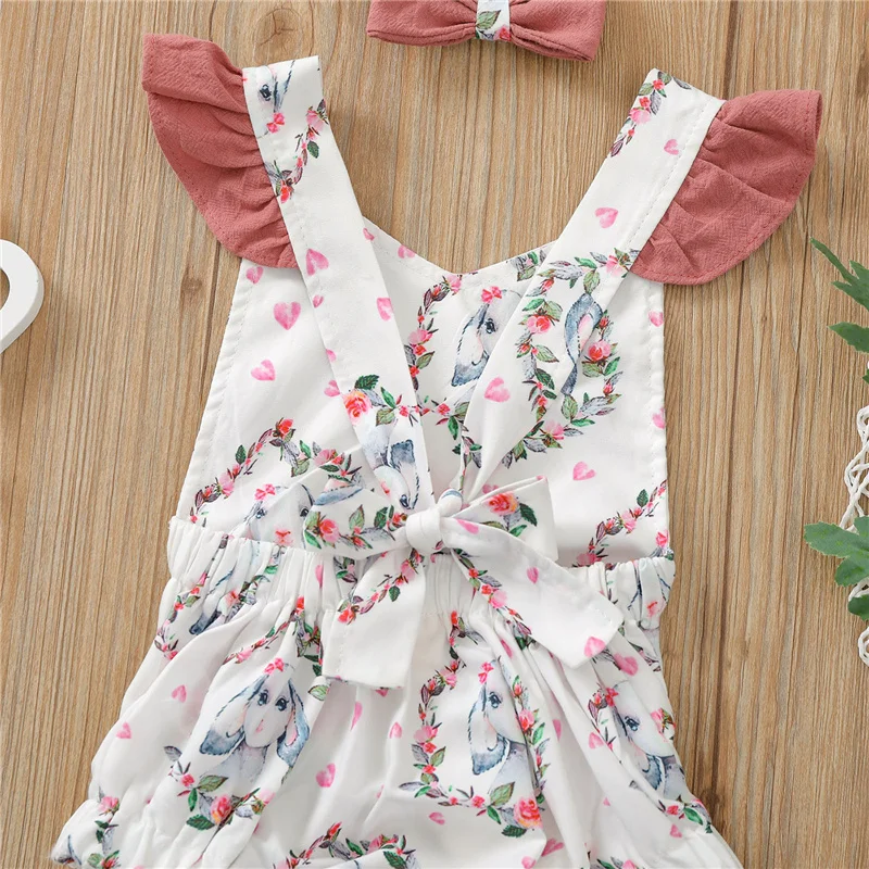 

0-24M Infant Newborn Baby Girl Clothing Bow Hairband Fly Sleeve Rabbit Bunny Printed Elastic Hem Bodysuit One-piece Romper