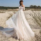 Свадебные платья 2021, кружевное платье принцессы с длинными рукавами и аппликацией, Пляжное свадебное платье на пуговицах, Тюлевое платье с цветами на пуговицах, платье невесты