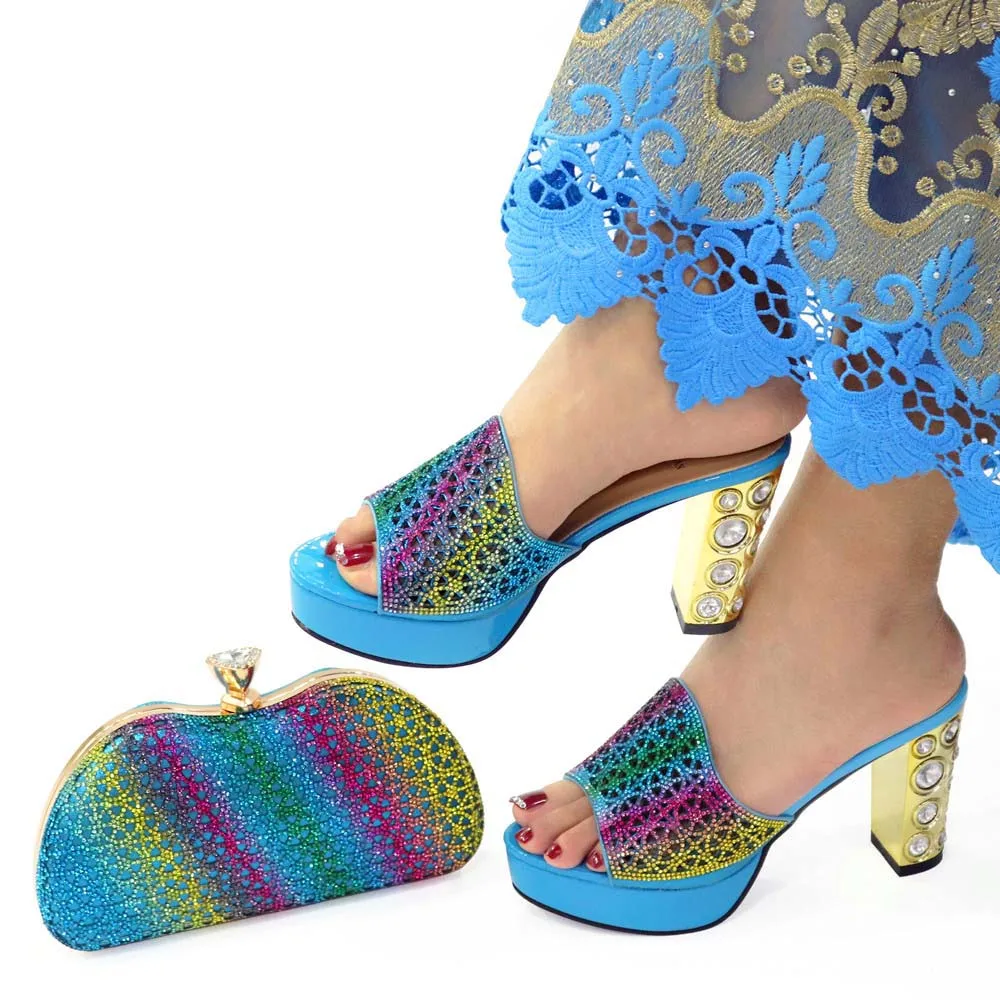 Zapatillas de tacón alto de zapatos y Bolsa azul cielo para mujer africana, zapatos a juego con bolso, sandalias de diseño italiano, monedero, CR538, 2021 CM, 9,5
