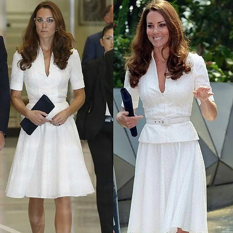 Женские вечерние платья Kate Middleton белые кружевные повседневные до колена лето