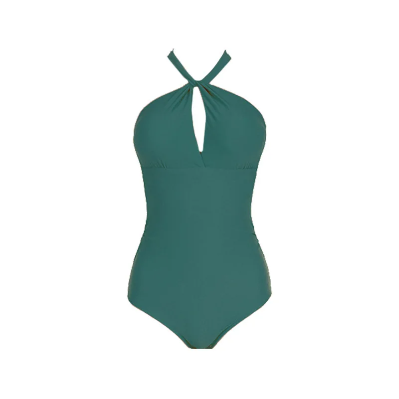 

Solid Green Lace Up Back One-Piece Swimsuit Women Sexy Cut Out Monokini Swimwear 2021 Girls Beach Bathing Suits