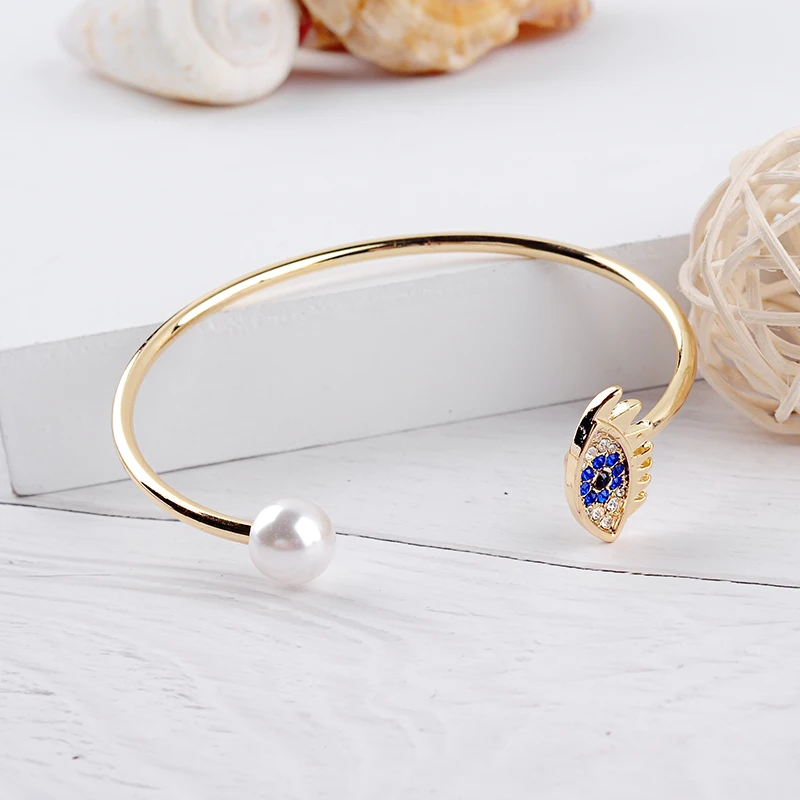 Trendy Blue Rhinestone Eye Imitation Pearl Cuff Bracelet Female New Alloy Open Bangle Indian Jewelry