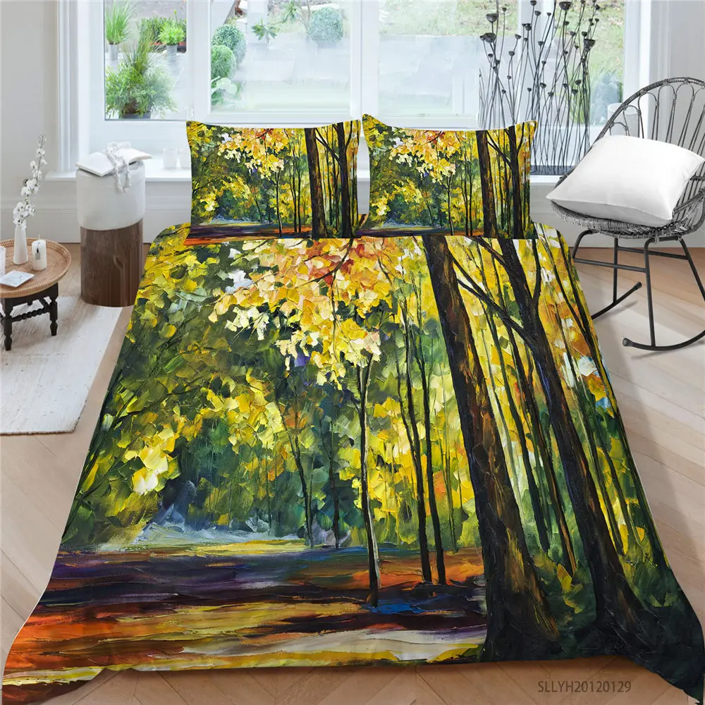 

King Size Bedding Set Oil Painting Artistic Forest Duvet Cover Set Queen Double Twin Full Single Colorful Nature Bed Set Soft