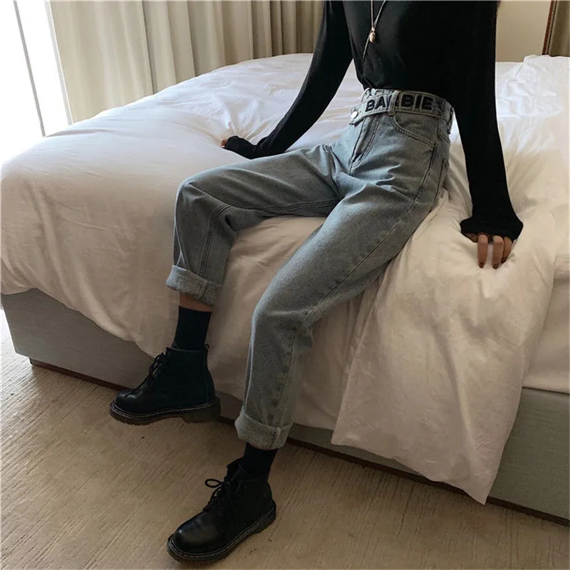 

Women Spring Blue Jeans Letter Belt Streetwear Casual Loose Vintage Pants Female Fashion Solid High Waist Wide Leg Denim Pants