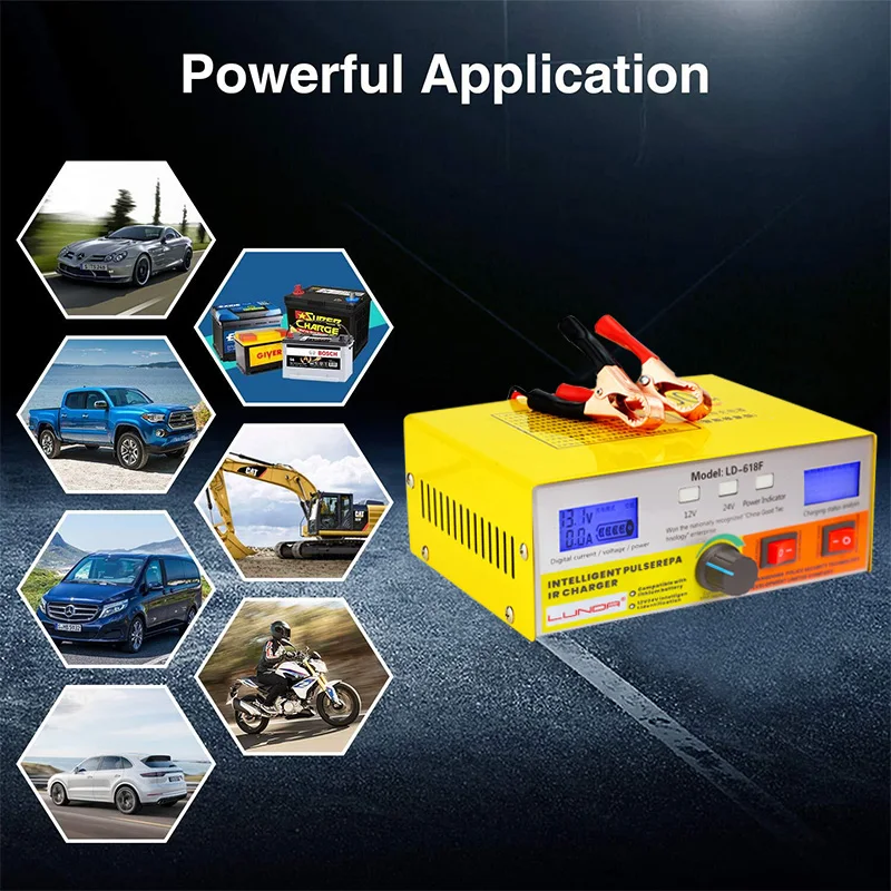 Автоматическое интеллектуальное зарядное устройство для автомобильного аккумулятора типа 400AH для зарядки 12V 24V мотоцикла, грузовика, автомобиля и мотора.