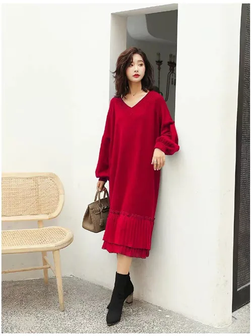 

Casual Elegant V-neck Loose Women Sweater Dress Elegant Autumn Winter Dress Ruffles Patchwork Female Long Knitted Vestidos