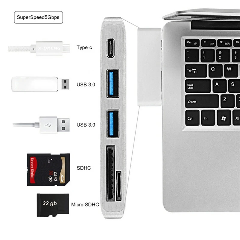 Адаптер-концентратор Bkscy Type-C с 2 портами USB 3 0 картридером для SD Micro и usb-хаб