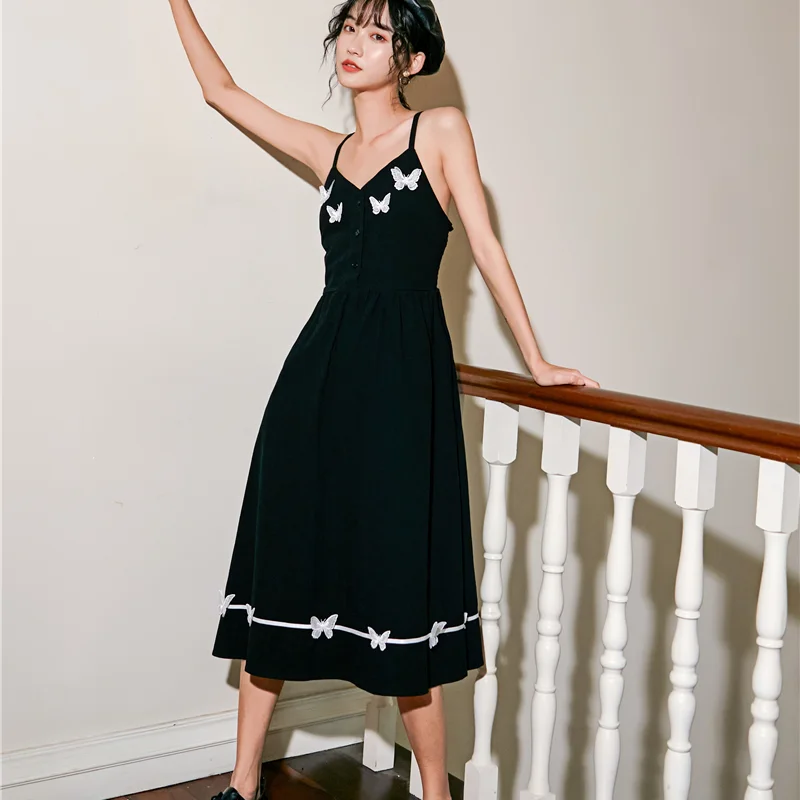 

2021 Summer Design Japan Style Woman Dress Simple Spaghetti Strap Backless Sexy Femme Robe V Neck A Line Black Vestido De Mujer
