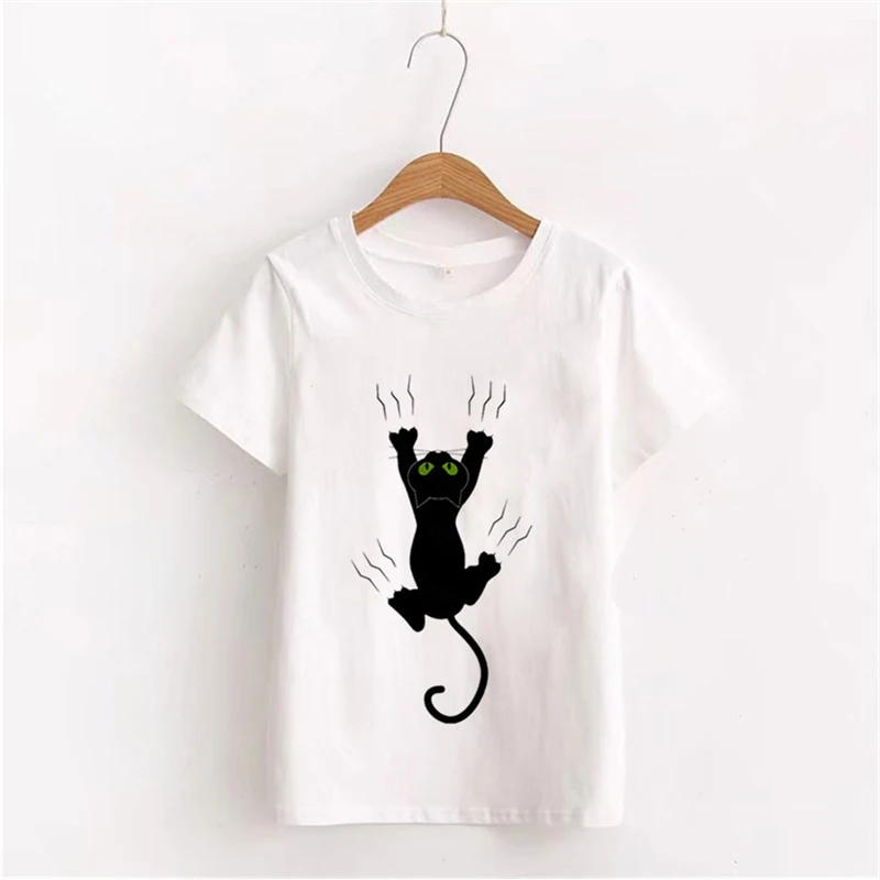 

Летняя футболка, женская уличная одежда, футболка с графическим принтом черного кота, Женский Топ, забавная Повседневная футболка, Топ