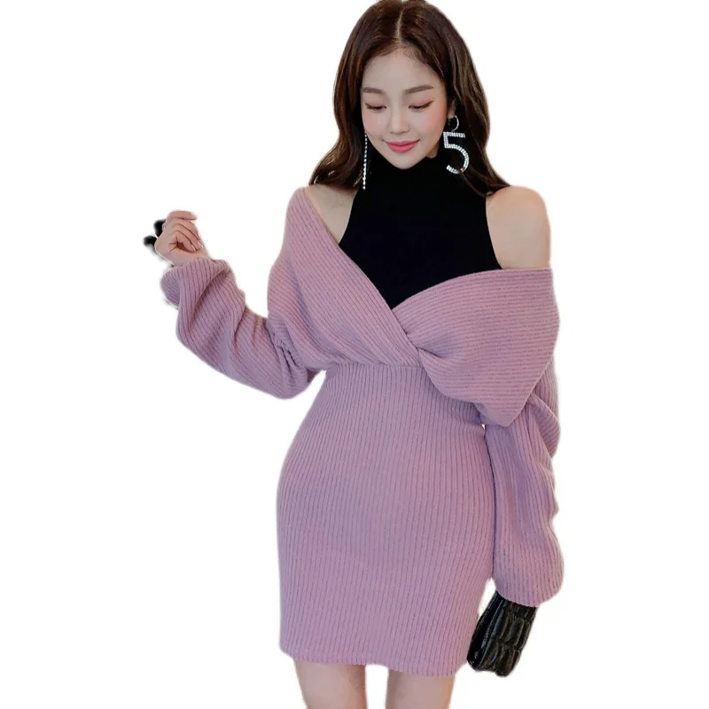 

2021 Women's New Korean Color Matching Fake Two Pieces Waist Waist and Thin Knitted Base Dress