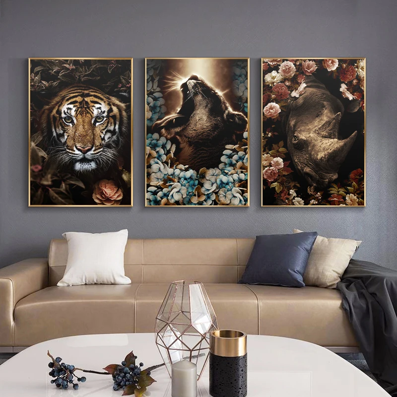 

Animal in Flowers Canvas Painting Wall Art Lion Poster Tiger Elephant Rhinoceros Picture Modern Classical Decorative Painting