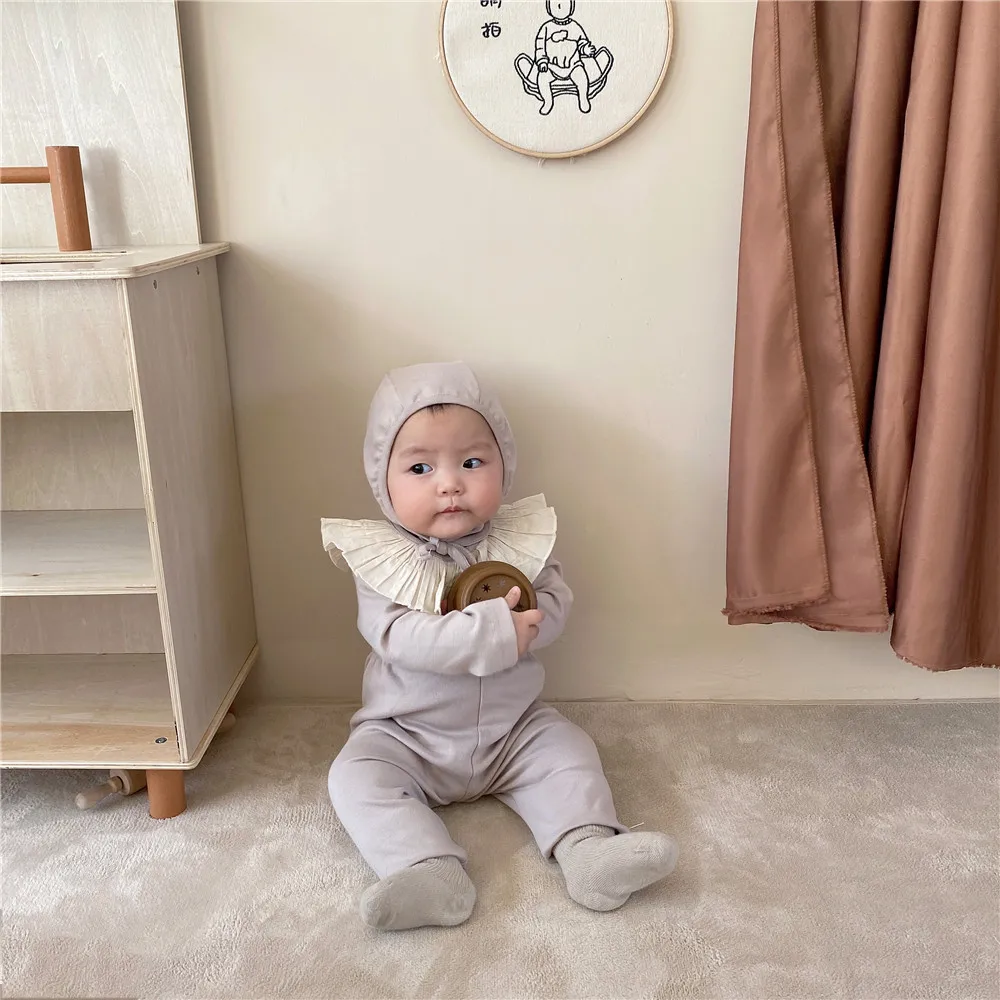 

2021 Autumn New Baby Pajama Set Ruffle Collar Bodysuits Solid Overall And Hat 3 Pcs Infant Boy and Girl Sleeper Wear