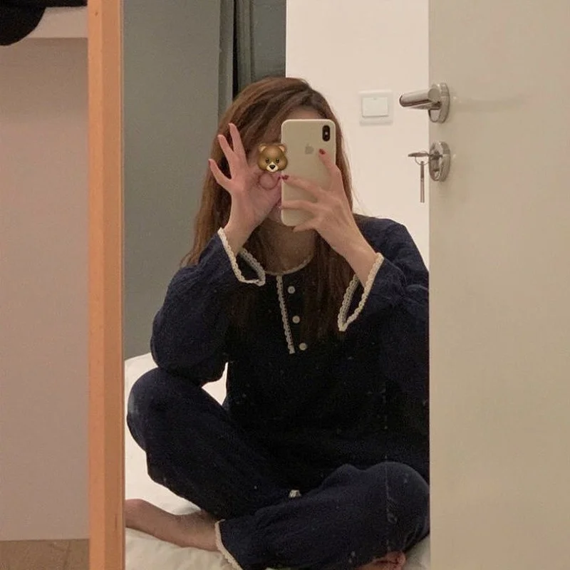 QWEEK Cotton Pajamas Women Autumn Home Clothes Solid Color Pijamas Button Lace Sleepwear Pyjamas Loungewear Home Suit Roomware