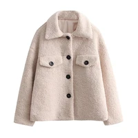 new women coat fashion small fresh lapel long sleeved single breasted loose grain fleece jacket ladies solid color short tops