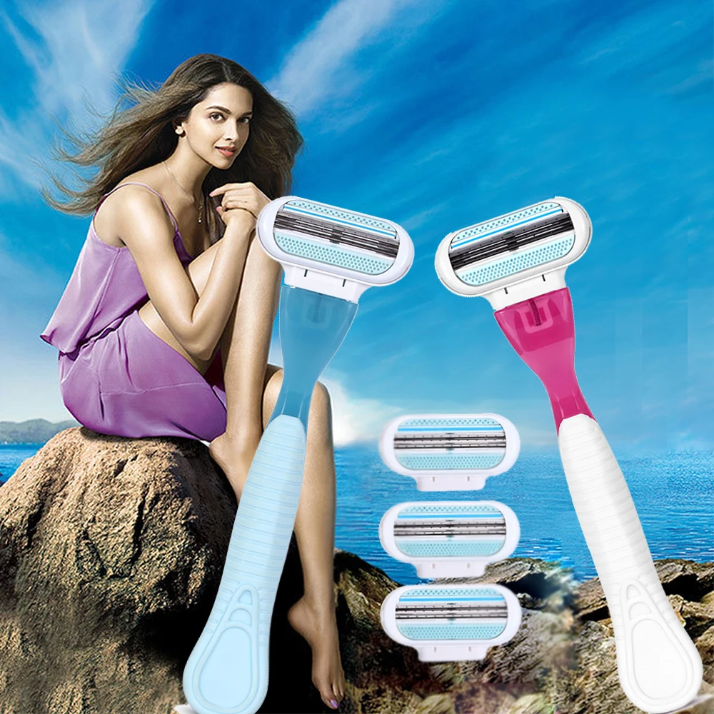 1 Razor Handle 4 Blades Manual Shaving Women Razors Blade Hair Safety Lady Head | Красота и здоровье