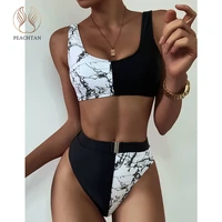 peachtan marble print bikinis 2020 mujer sexy patchwork swimsuit women high waist swimwear female sport bathing suit biquini new