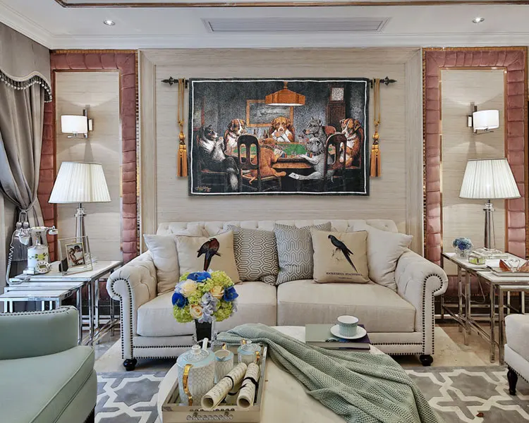 

77*120CM BELGIUM JACQUARED WALL HANGING PESTRY CHILDREN'S ROOM CARPET BLANKET FABRIC HUMOR MURALS WORLD FAMOUS DOG PLAYING POKER