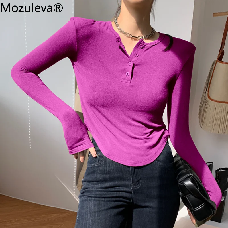 

Mozuleva 2021 Autumn Korean Style Short Female T Shirts O-Collar Casual Skinny Bodycone Tees Women Sexy Long Sleeve T Shirts