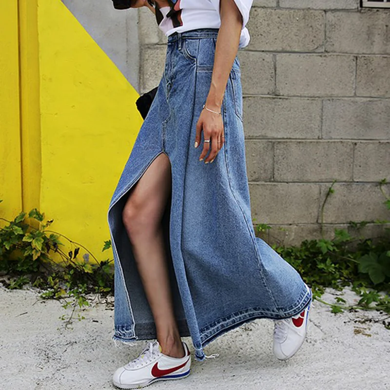 

High Spilt Long Skirts Womens Maxi Skirt Denim Ladies Plus Size Skirt High Waist Retro Vintage Maxi Jeans Skirts Women