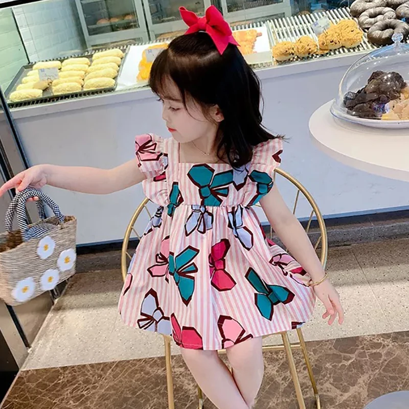 

Summer New Children'S Clothing Toddler Girls Dress Fashion Sweet Striped Bow Print Princess Dress Baby Square Collar Dress