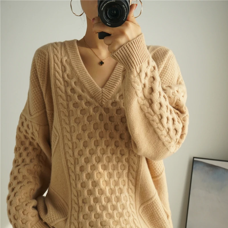 

BELIARST 2020 Autumn and Winter Thick Sweater Woman V-neck 100% Pure Wool Pullover Loose Plus Size Warm Sweater Free Shipping