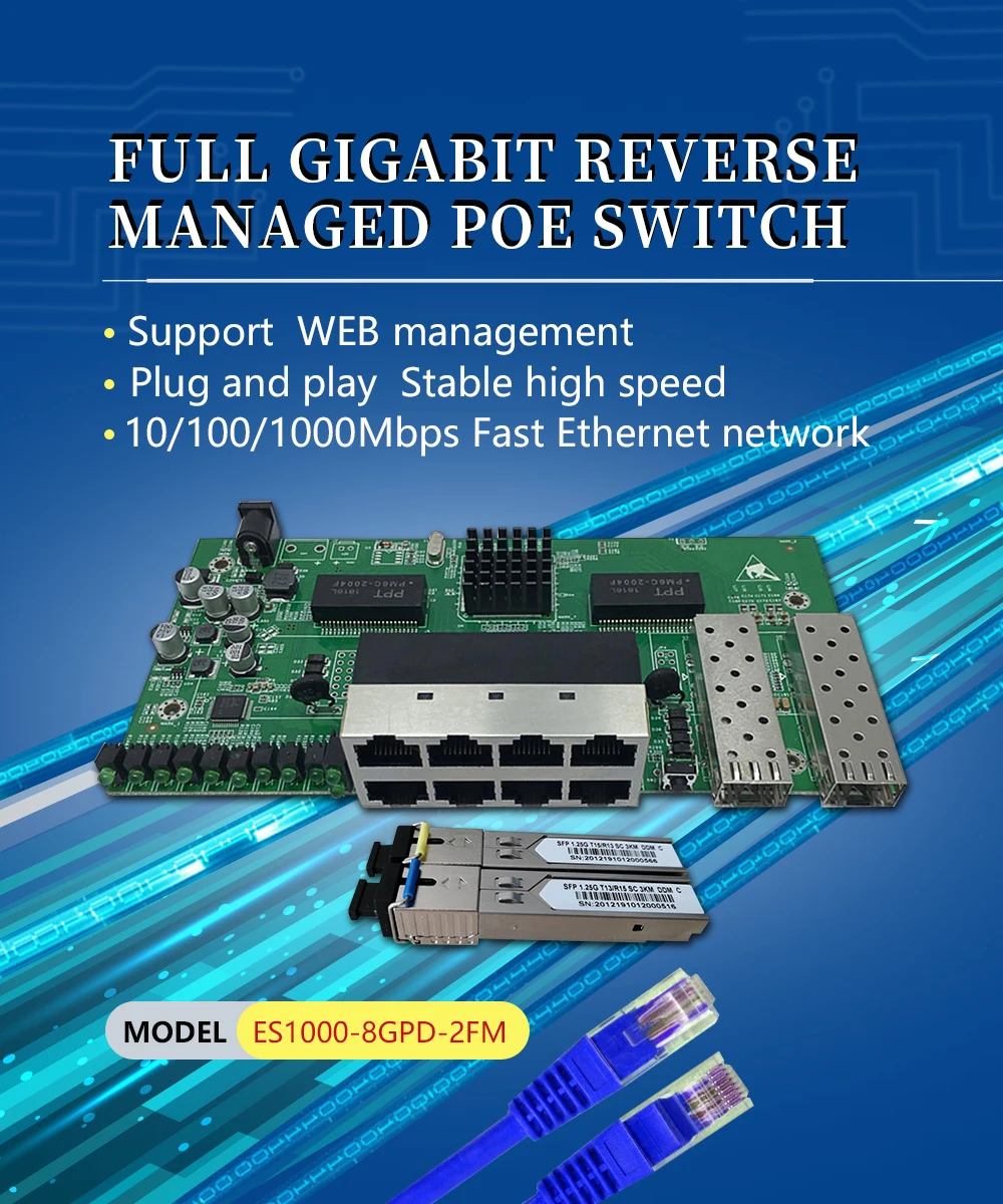 8-Порты и разъёмы Gigabit обратное POE Питание управляемый ethernet-коммутатор с 2 SFP слотов для карт с VLAN