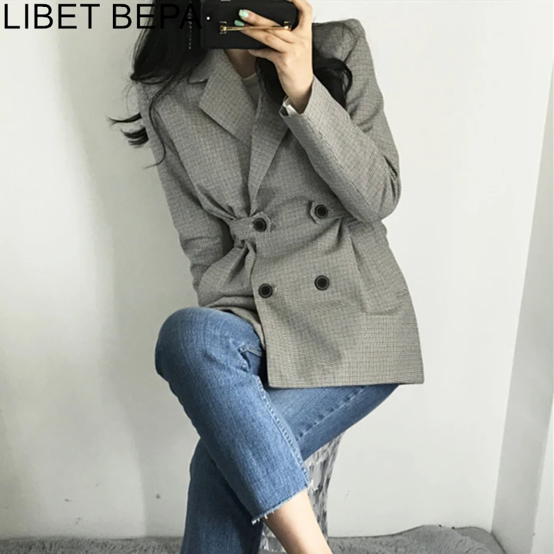 Женский двубортный Блейзер JK152 осенне-зимний костюм в клетку с длинным рукавом и