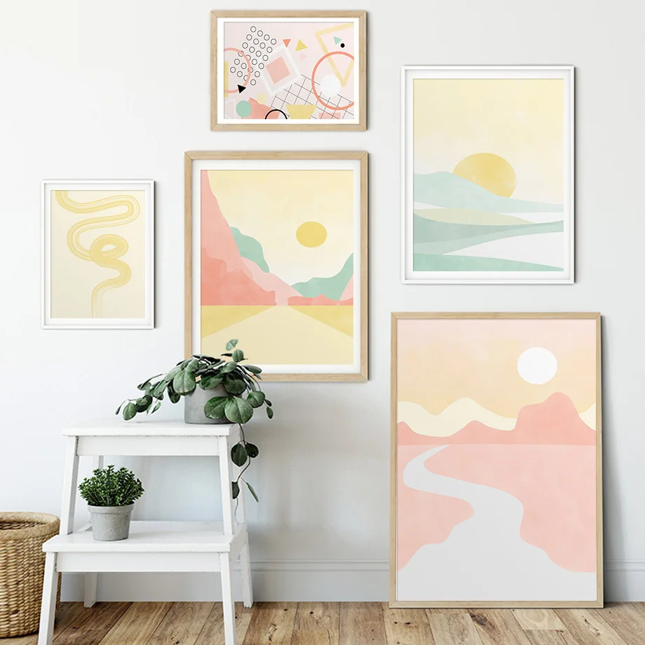 Абстрактная желтая линия с изображением растений настенная живопись на холсте