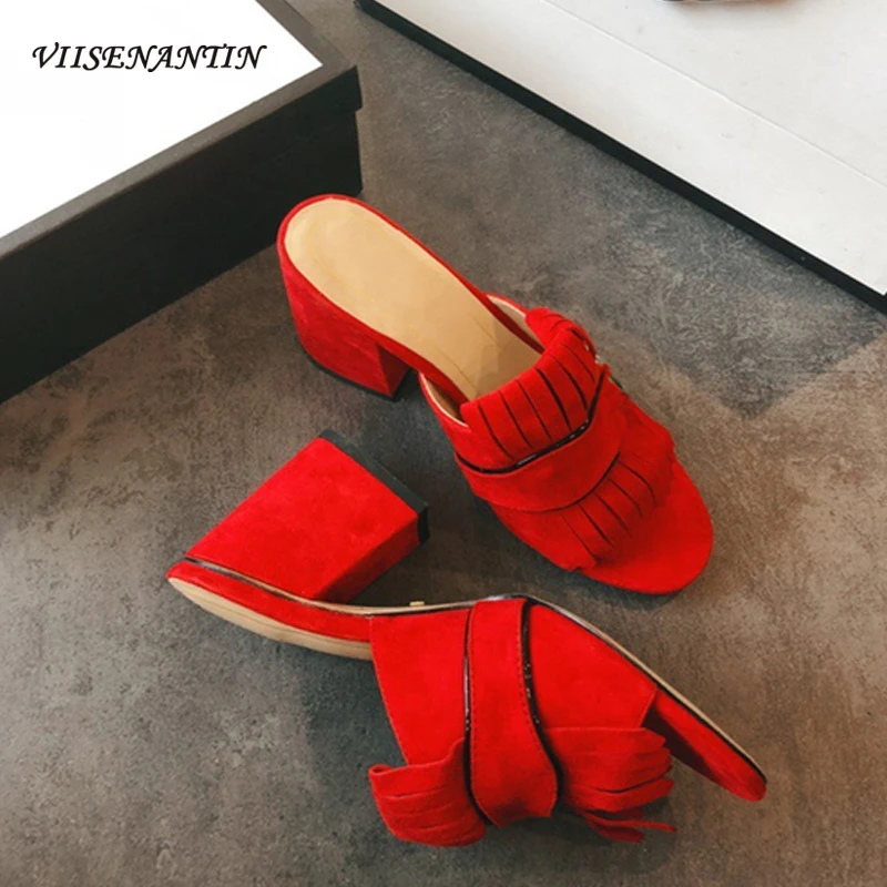 

Fringed high heel slippers summer leather colorful round toe open toe casual thick heel high heel sandals and slippers women